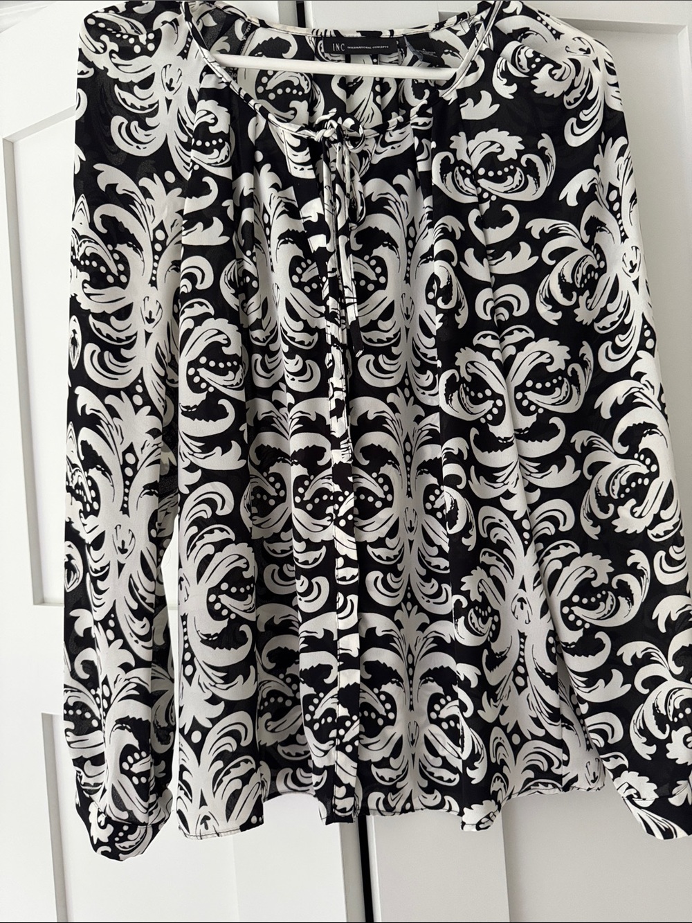 INC International Concepts Black and White Patterned Tie-Neck Blouse